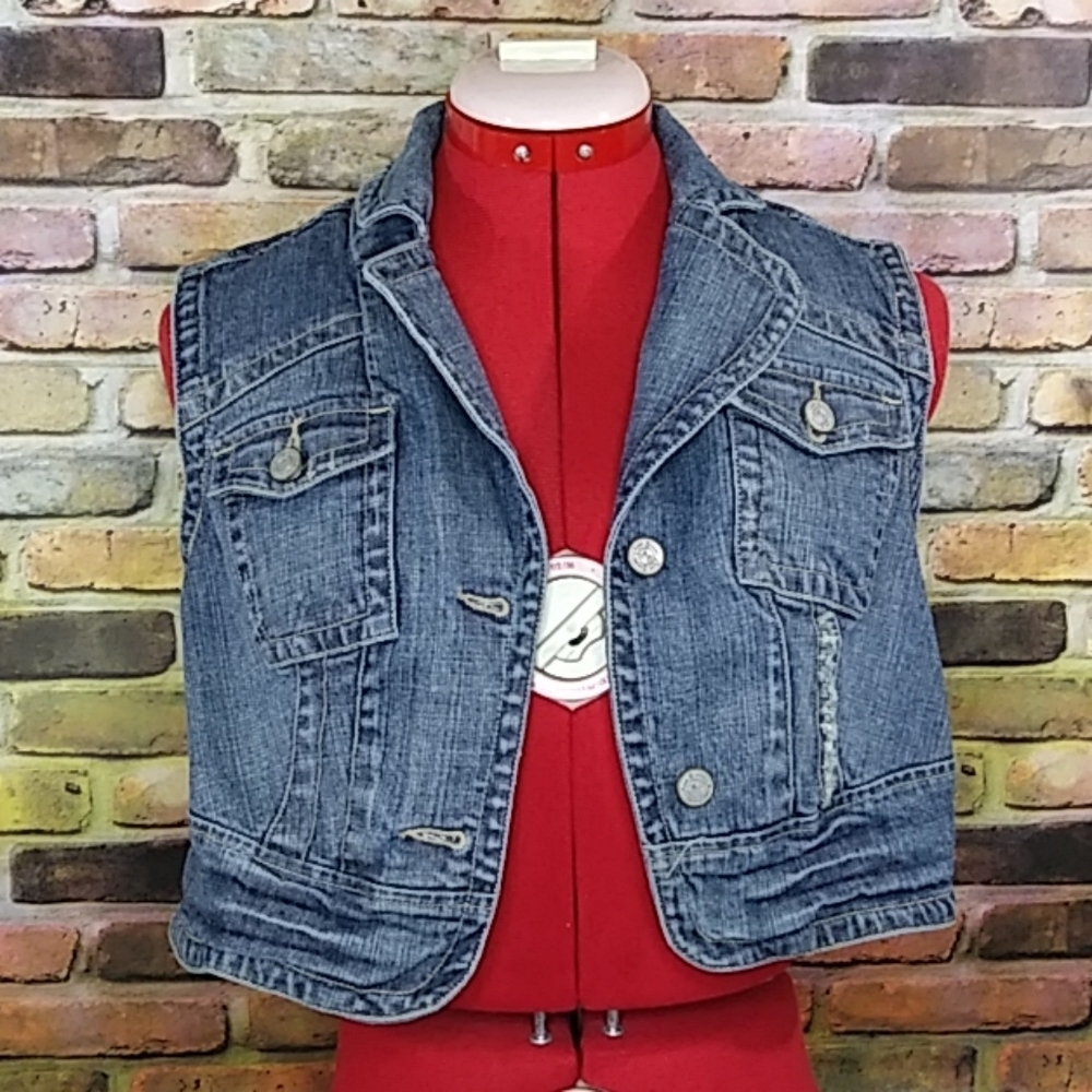 Miss Bisou Destroyed Denim Crop Vest Sz L